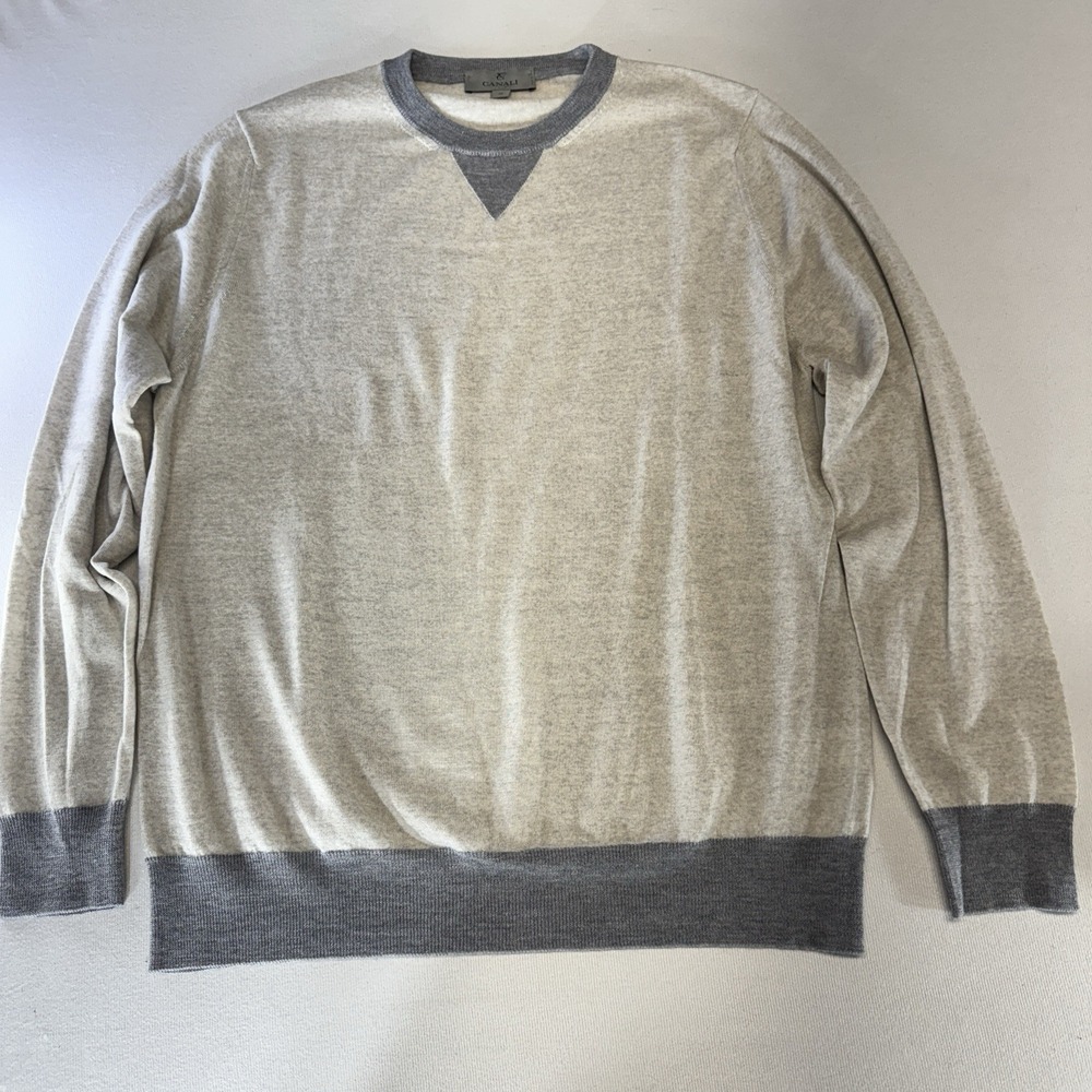 Canali Men's 100% Wool Lightweight Crewneck Sweater Oat With Gray Trim‎ Size 50